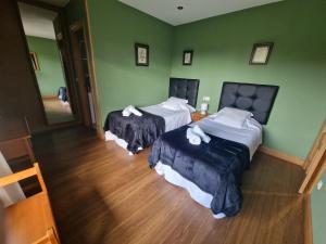 2 letti in una camera con pareti verdi e pavimenti in legno di Lizuniaga a Bera