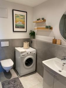 a bathroom with a washing machine and a sink at Ferienwohnung Gschwendt in Miesbach +8 photos