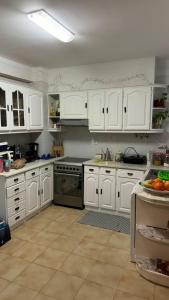 La cuisine est équipée de placards blancs et d'un four avec plaques de cuisson. dans l'établissement Casa do Vale, à Portimão