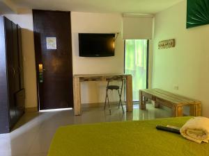 a room with a bed and a table and a television at Hotel Vesta Boutique in Neiva