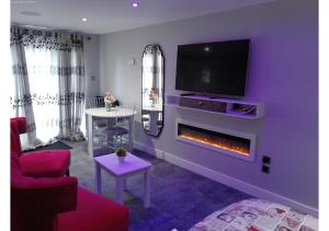 een woonkamer met een paarse muur en een open haard bij Cosy Studio in Milton Keynes