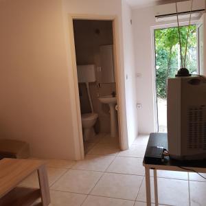 ein Bad mit einem WC, einem Fenster und einem Tisch in der Unterkunft Apartments Nenadić in Utjeha