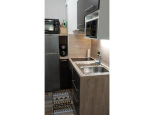 una pequeña cocina con fregadero y microondas en Appartement 6 personnes en Saint-François-Longchamp