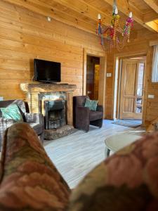 a living room with a fireplace and a tv at Kapteinis&Grants in Engure