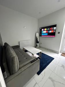 a living room with a couch and a tv at Peaceful Studio - Near NEC, BHX Airport. in Birmingham