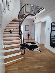 a spiral staircase in a room with a hallway at Maisonette Wohnung 110qm in Linz. in Linz