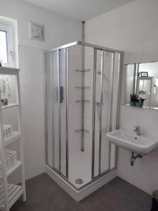 een witte badkamer met een douche en een wastafel bij Maisonette Wohnung 110qm in Linz. in Linz