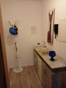 een kamer met een aanrecht met blauwe vazen erop bij Stella's Monteurswohnungen in Crimmitschau