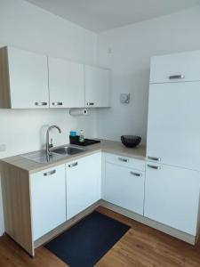 een keuken met witte kasten en een wastafel bij Maisonette Wohnung 110qm in Linz. in Linz