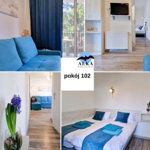 a bedroom and a living room with a blue couch at Pensjonat Alka in Kołobrzeg
