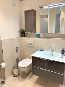 La salle de bains est pourvue d'un lavabo, de toilettes et d'un miroir. dans l'établissement Die"53er" - Fit und Vital - a90094, à Grömitz