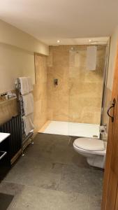 een badkamer met een douche, een toilet en een wastafel bij The Saddle Room in Middleham