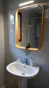 ein Bad mit einem Waschbecken und einem Spiegel in der Unterkunft Les Cigales in Villelaure