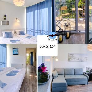 eine Collage mit Fotos von einem Wohnzimmer und einem Schlafzimmer in der Unterkunft Pensjonat Alka in Kołobrzeg