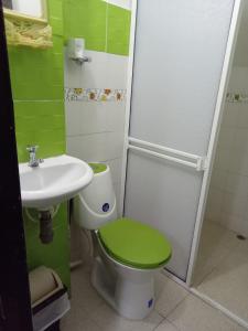 a bathroom with a green toilet and a sink at HOTEL MI RANCHITO in Sincelejo