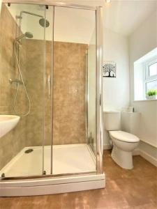 a bathroom with a shower and a toilet at Cosy 2 bedroom Victorian townhouse in the town Centre in Bury Saint Edmunds