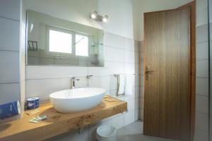 a bathroom with a large white bowl sink on a wooden counter at Hotel Leon D'Oro in Alfedena