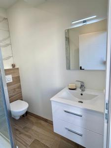 uma casa de banho com um lavatório branco e um WC. em Le Secret de l'Architecte : proche Centre et Gare em Dijon