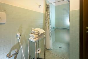 a bathroom with a shower and a sink with towels at Agriturismo Il Brugnolo in Scandiano