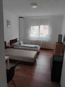 a bedroom with two beds and a television in it at Átutazó Apartman in Nyíregyháza