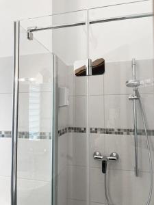 a shower stall with a glass door and a shower at Magic Forest Design Apartment, 65 Zoll TV, Waschtrockner, beste Lage, am Markt in Gera +35 photos