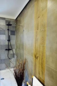 a bathroom with a shower and a bath tub at Apartament LOFT-Grupa PlażoweLove in Krynica Morska