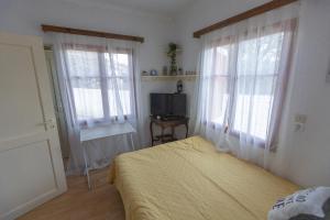 a bedroom with a bed and two windows and a television at EVRIAKI'S HOUSE in Apidias Lakos