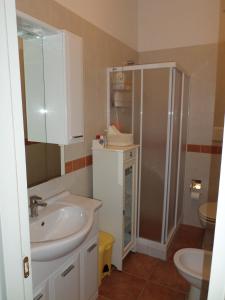 een badkamer met een wastafel, een douche en een toilet bij Le Anfore di Arpi in Foggia