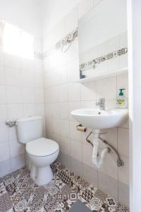 a bathroom with a toilet and a sink at EVRIAKI'S HOUSE in Apidias Lakos