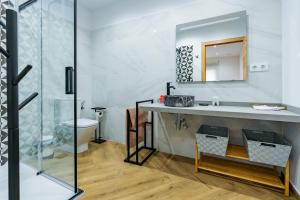 uma casa de banho com um lavatório, um WC e um espelho. em Apartamentos Montes Vindios em Cangas de Onís