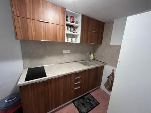 a small kitchen with a sink and wooden cabinets at U Martuly in Ružomberok +12 photos