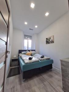een kleine slaapkamer met een bed in een kamer bij Napfény apartman in Szeged
