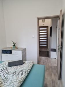 een slaapkamer met een bed en een deur naar een badkamer bij Napfény apartman in Szeged