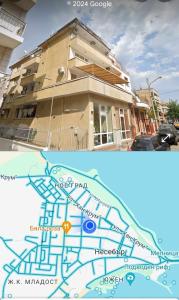 a picture of a building and a map of a house at Стаи за гости Ники in Nesebar