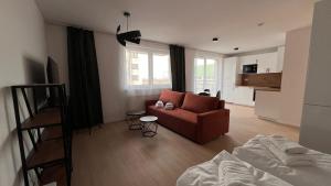 ein Wohnzimmer mit einem Sofa und einem Bett in der Unterkunft 2 room Apartment with terrace, new building, B1 in Bratislava