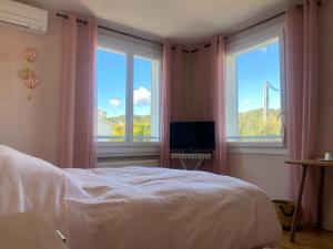 a bedroom with a bed and two windows with a television at Chambre emplacement idéal in Sanary-sur-Mer +5 photos