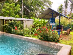 einen Pool im Garten mit einem Tisch und Blumen in der Unterkunft Tropical Housing by El Rodeo - Calle El Manglar in Puerto Jiménez