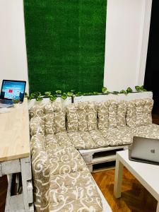 ein Wohnzimmer mit einem Sofa und einem Tisch mit einem Laptop in der Unterkunft Hostel Green World in Novi Sad