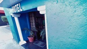 a blue building with a potted plant in the doorway at Hotel Plaza San Juan in Mexico City
