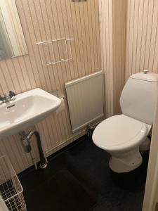 a bathroom with a white toilet and a sink at Home Stays-Private Rooms in a Villa Near City for families/Individuals in Stockholm