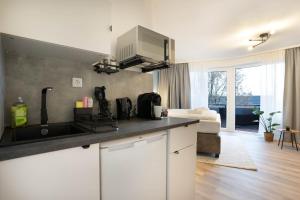 a kitchen with a sink and a living room at NSV-Apartments am Waldrand in Bad Essen