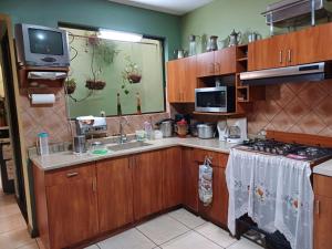a kitchen with wooden cabinets and a sink and a tv at Habitación el mirador in San Rafael