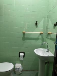 a green bathroom with a toilet and a sink at Hotel Ceres - suíte Artista Helo - 25 in Cuiabá