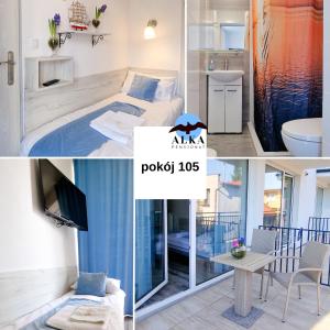 un collage de tres fotos de una habitación con un dormitorio en Pensjonat Alka, en Kołobrzeg