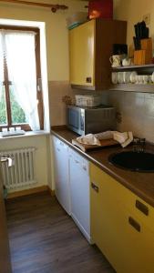 a kitchen with a sink and a microwave at Ferienwohnung Auszeit in Fischen