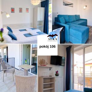 a collage of photos of a room with a blue couch at Pensjonat Alka in Kołobrzeg