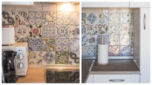 two pictures of a kitchen with tiles on the wall at Apartamentos Zocosol by Toledo AP in Toledo +113 photos