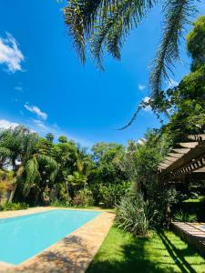 a swimming pool in a garden with a palm tree at Casa de Campo Pampulha in Belo Horizonte