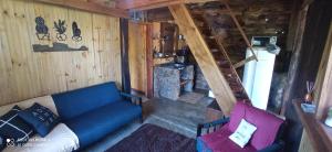 a living room with a blue couch in a cabin at Chalé serra azul in São Bento do Sapucaí