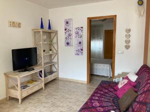 een woonkamer met een bank en een tv bij Casa Aloe C. Las Playitas. in Las Playitas